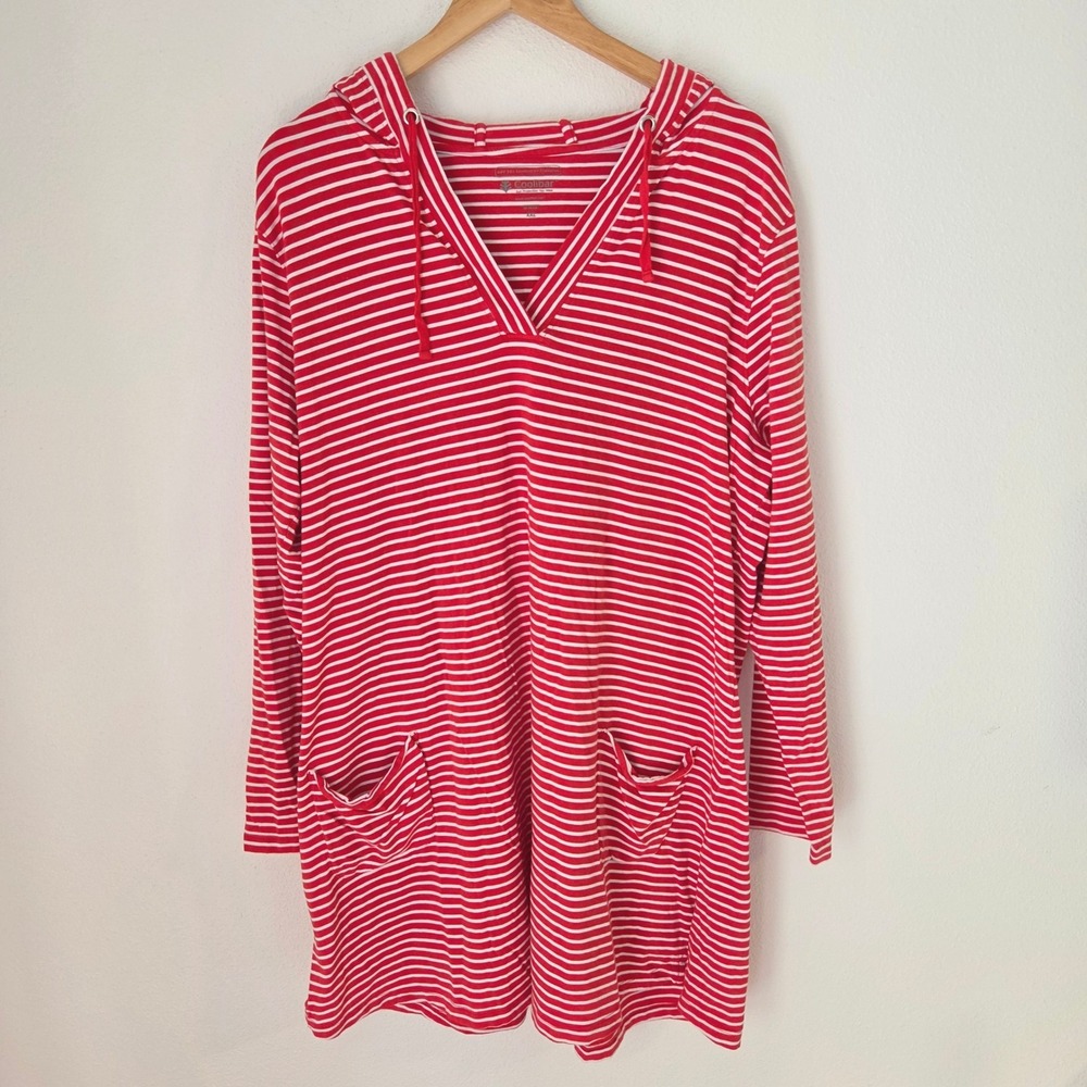 Coolibar Red White Striped UPF 50+ Hooded Tunic Dress Pockets Cover-up XXL
